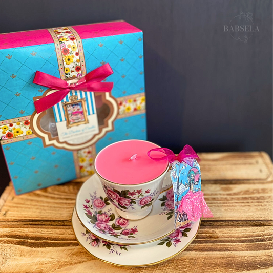 1960s Queen Anne pink roses candle in a vintage floral teacup set with saucer and decorative gift box