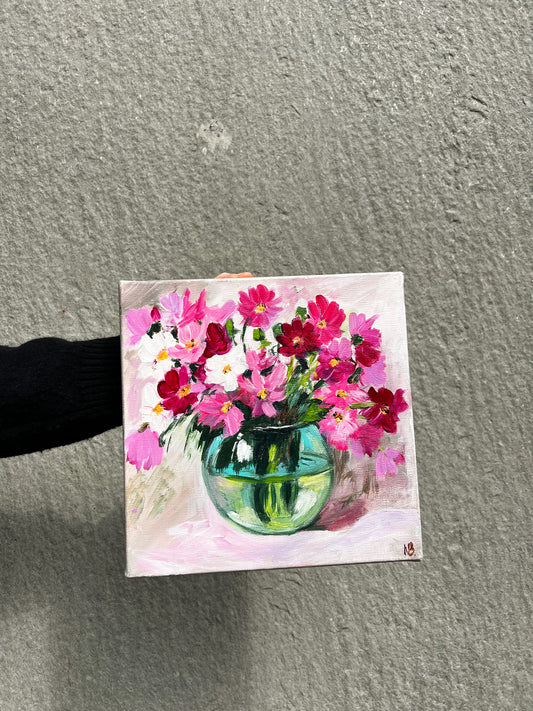 Hand-painted artwork of pink and magenta flowers in a round glass vase, set against a soft, textured background, perfect for adding a splash of color to any room