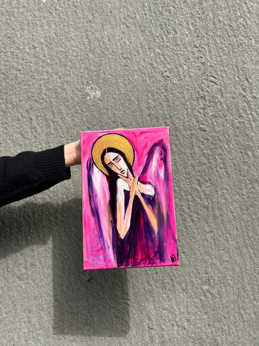 Abstract painting of an angel with a halo, depicted in vibrant pink and purple hues, with a serene expression